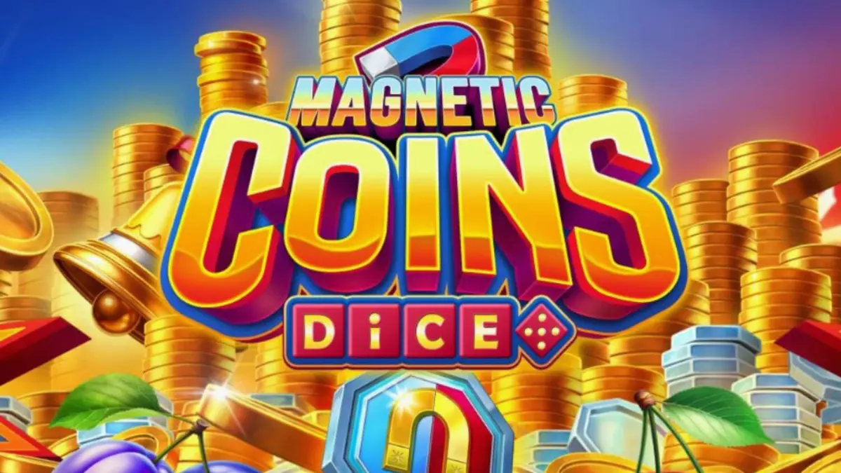Interface vibrante do slot Magnetic Coins Dice com símbolos de moedas e ímãs
