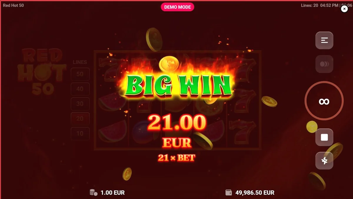 Interface vibrante e ardente do slot Red Hot 50 com símbolos de frutas clássicas